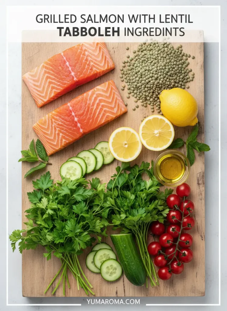 GRILLED SALMON WITH LENTIL TABBOULEH INGREDIENTS